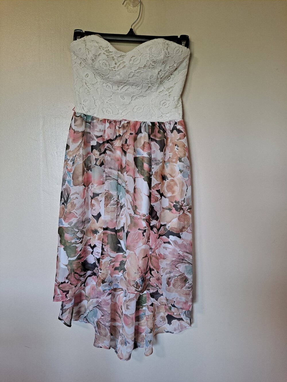 A. Byer White Lace Strapless Dress with Pink Floral Skirt
